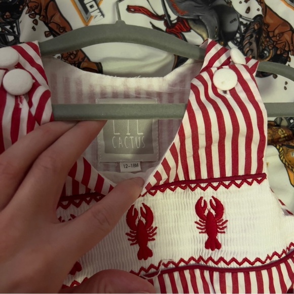 Striped Red and White Kids Romper with Lobster Embroidery - Picture 2 of 3
